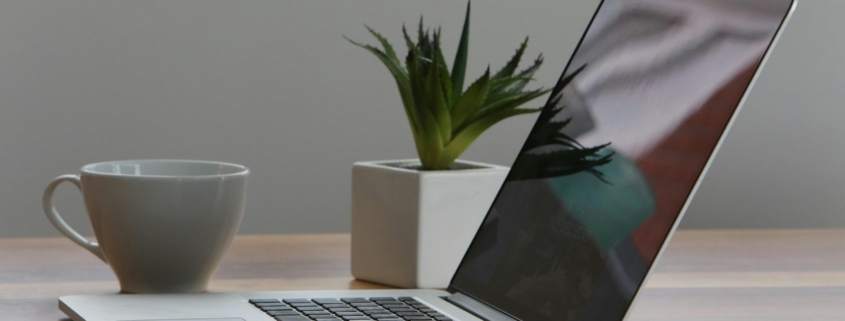 Free Minimalist home office desk with laptop, smartphone, and plant for a modern work environment. Stock Photo